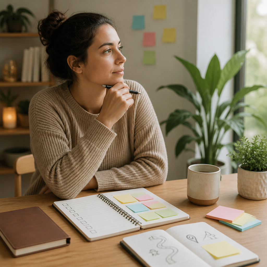 Person reflecting with a checklist and sticky notes about strengths and values, cozy desk setting
