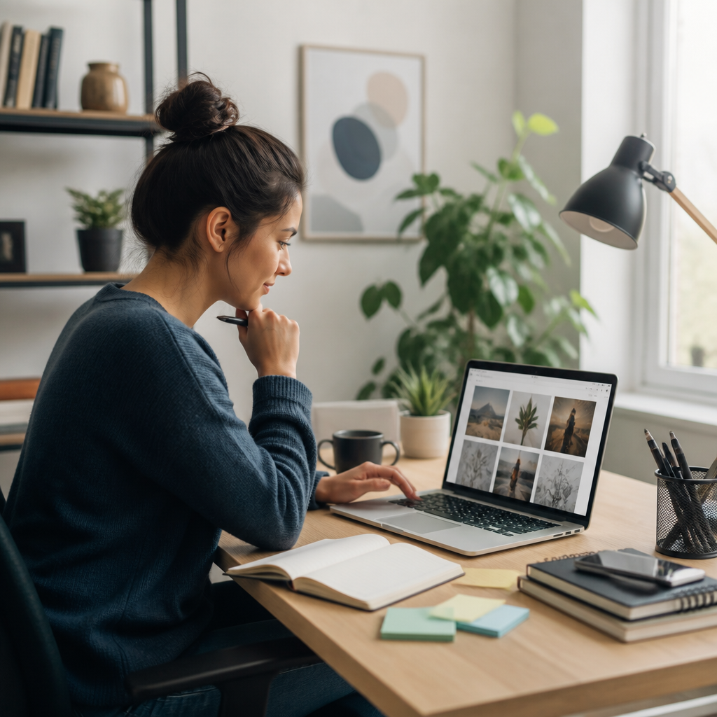 Learner studying online courses and building a portfolio on a laptop, modern home office