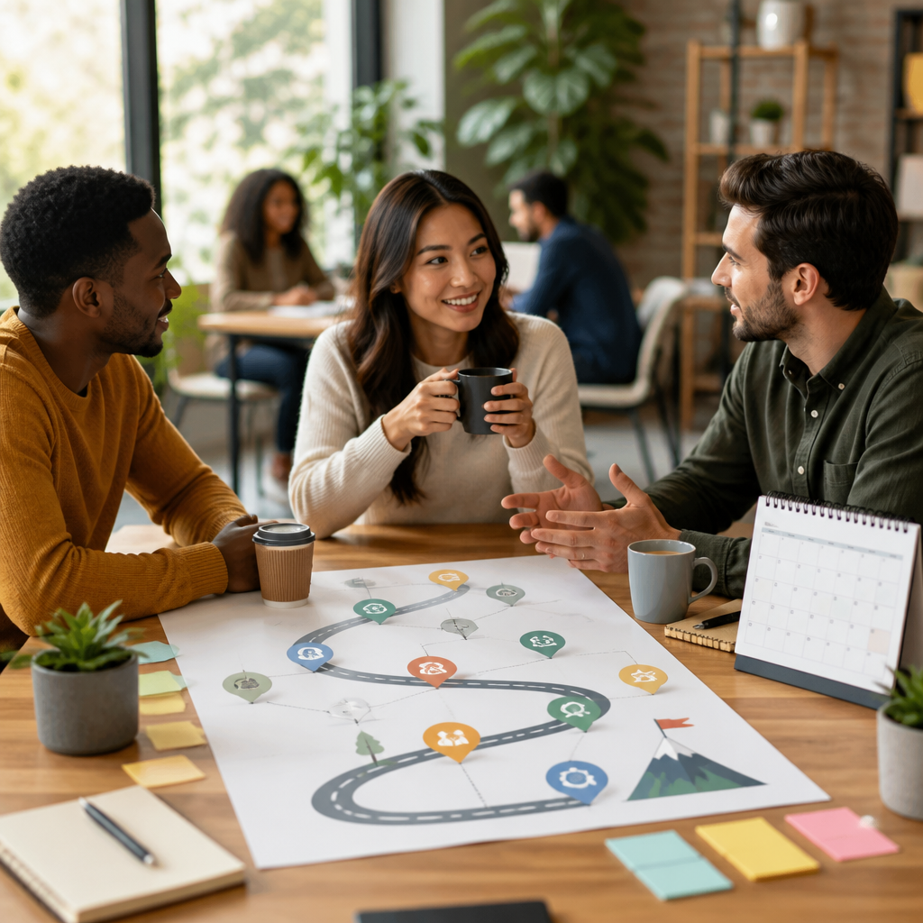 Networking and career roadmap visual: calendar, milestones, and people connecting over coffee